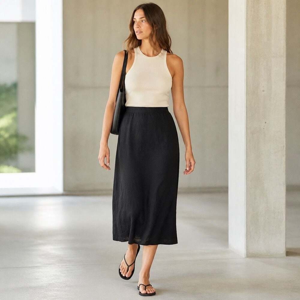 Adolfo Studio 100% Linen Black Midi Skirt Size 14